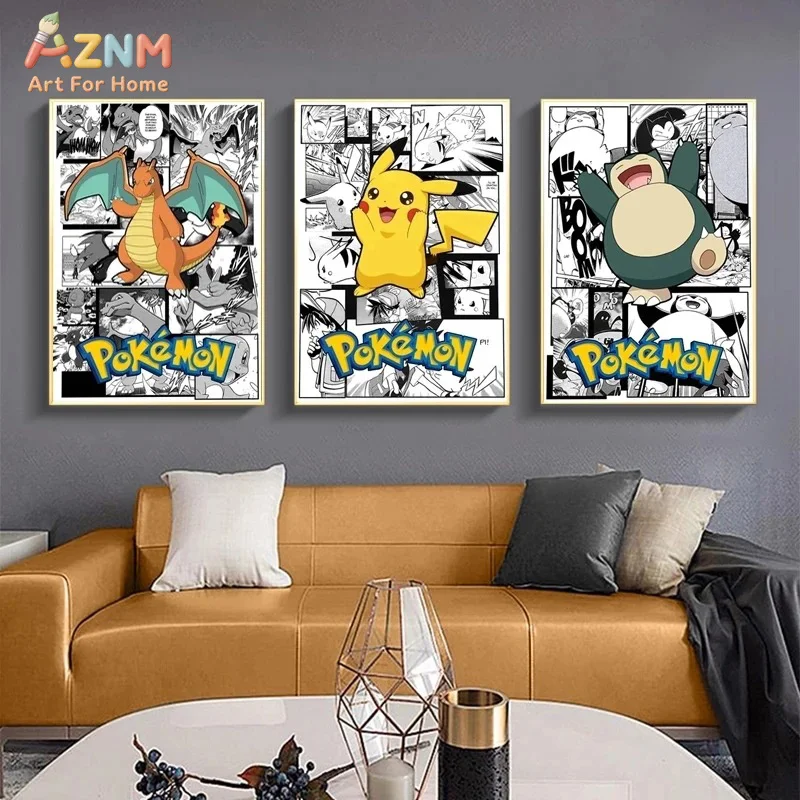 AZNM Pokemon Charizard Pikachu Snorlax Manga Panel Canvas Wall Print Unframed Black White Comic Anime Decor Poster