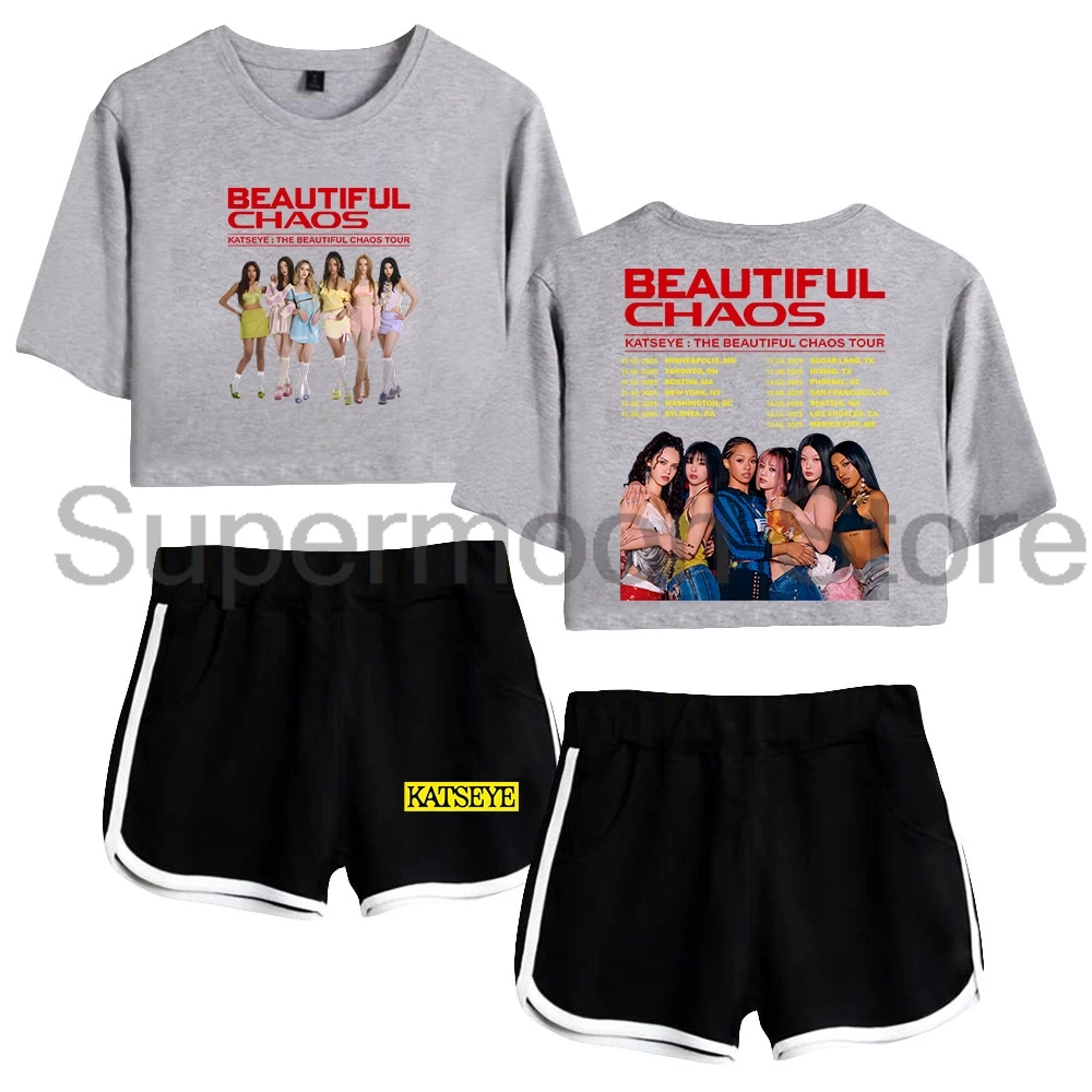 

Kpop Katseye The Beautiful Chaos Tour 2025 Merch укороченный топ с короткими рукавами + шорты, комплекты из двух предметов, женские топы