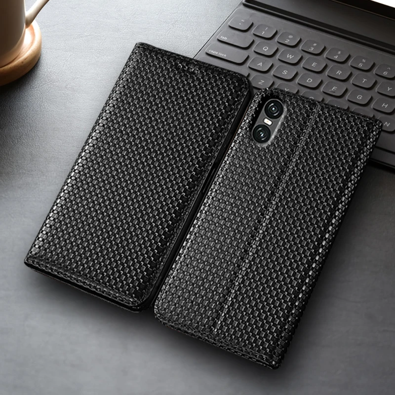 

Grass Mat Genuine Leather Flip Case For Sony Xperia 1 5 10 II III IV V VI VII Plus Phone Cover Card Cases Scratch Proof