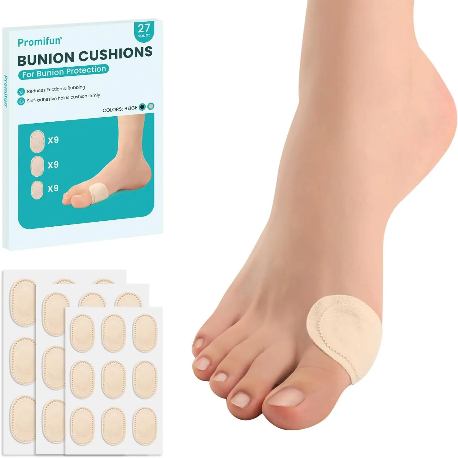 

Water-Resistant Bunion Pain Relief Pads for Men and Women - Self-Stick Adhesive Cushion (27 ct)