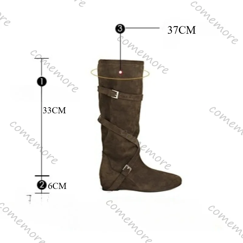 Fashion Design 6CM Wedge Heel Suede Knee Long Boots Buckle Soft-soled High Heel Western Booties Street Style Ladies Heeled Shoes
