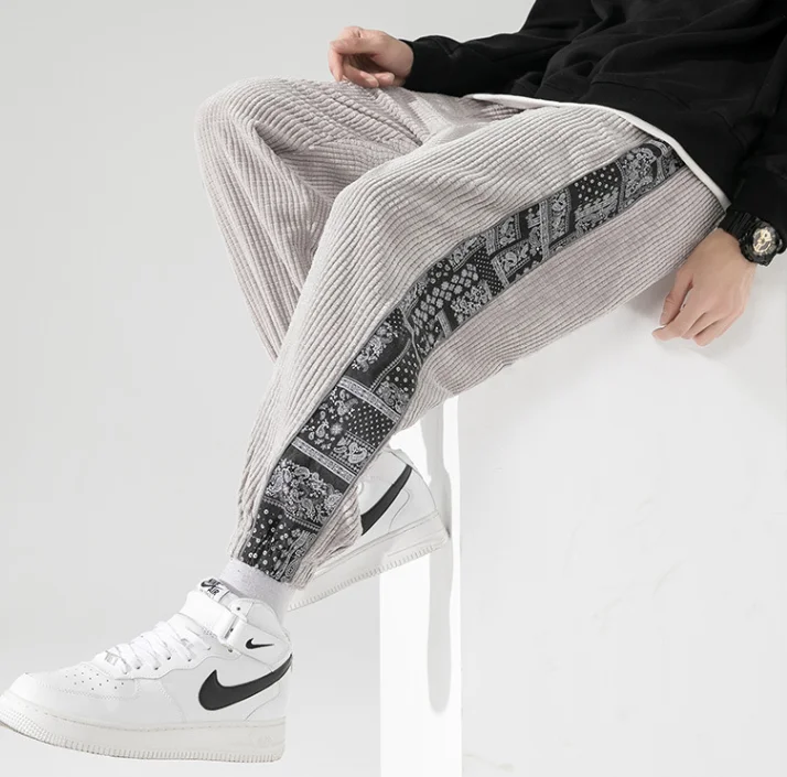 メンズプラスサイズコーデュロイハーレムパンツ カシューフラワーパッチワーク和風カジュアルゴムウエストスポーツパンツ