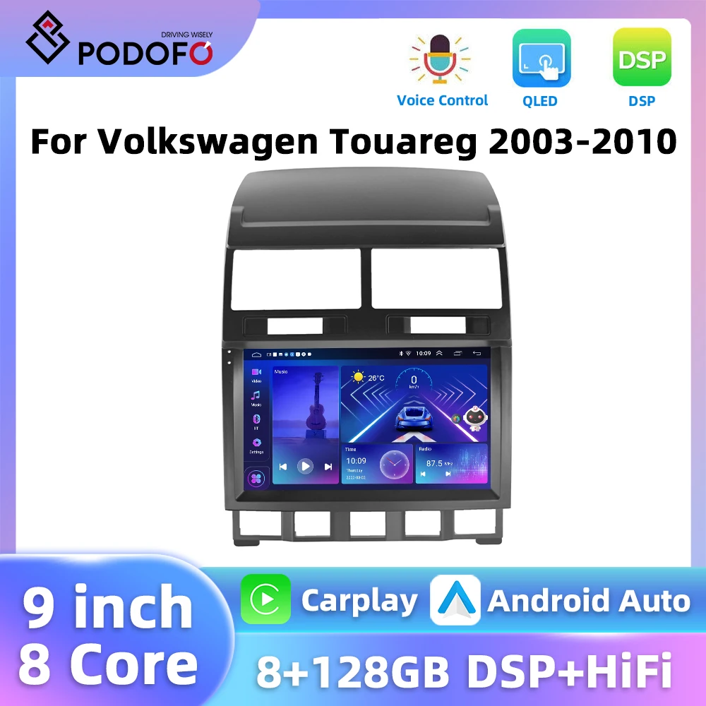 Podofo DSP AI Voice Car Audio For Volkswagen Touareg 2003-2010 Multimedia Player GPS Navigation Carplay Android Auto BT FM Radio