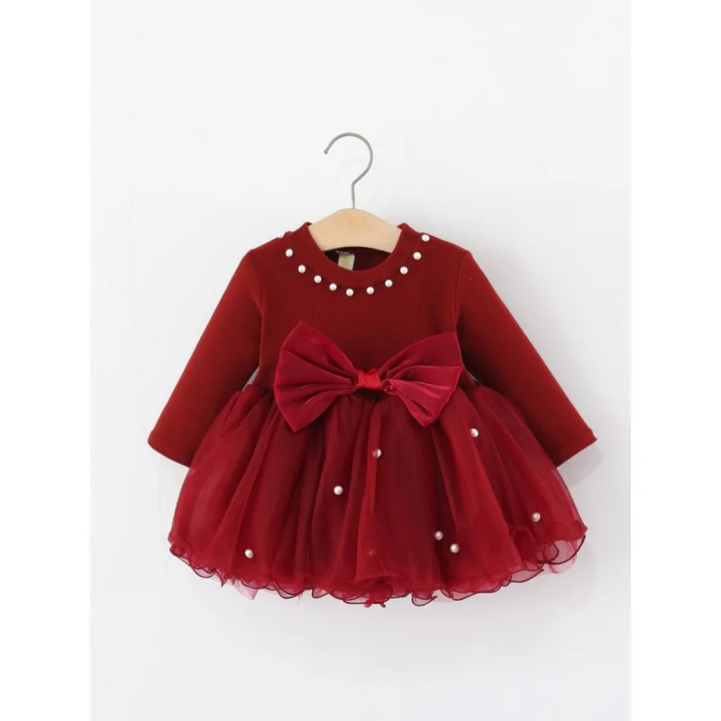 

Girls' Clothing Girls' Dress Spring and Autumn Children's Baby Girl Long Sleeve Beaded Bow Mesh Princess Dress Stylish