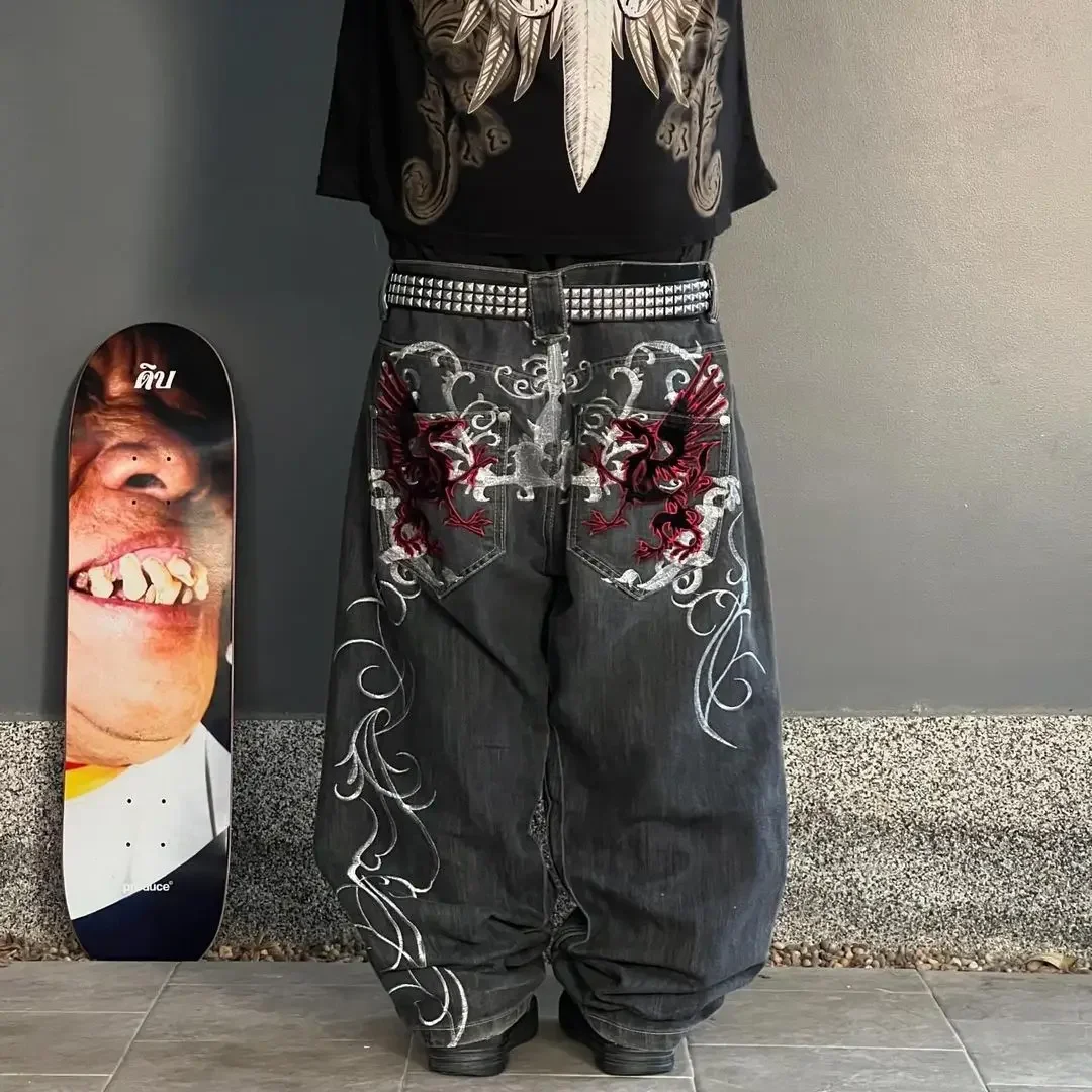 Jeans brodés surdimensionnés à motif de dragon foncé, pantalons en denim rétro Harajuku, pantalons amples taille haute Street Rock à jambes larges