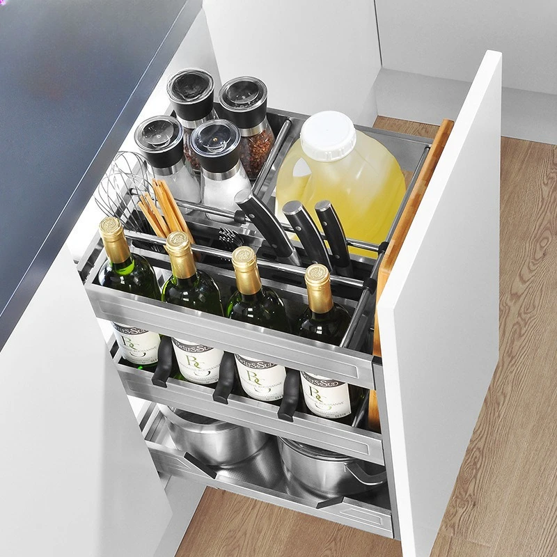 Kitchen Cabinet Seasoning Basket Stainless Steel Drawer Seasoning Basket Narrow Cabinet Pull Shelf Damping