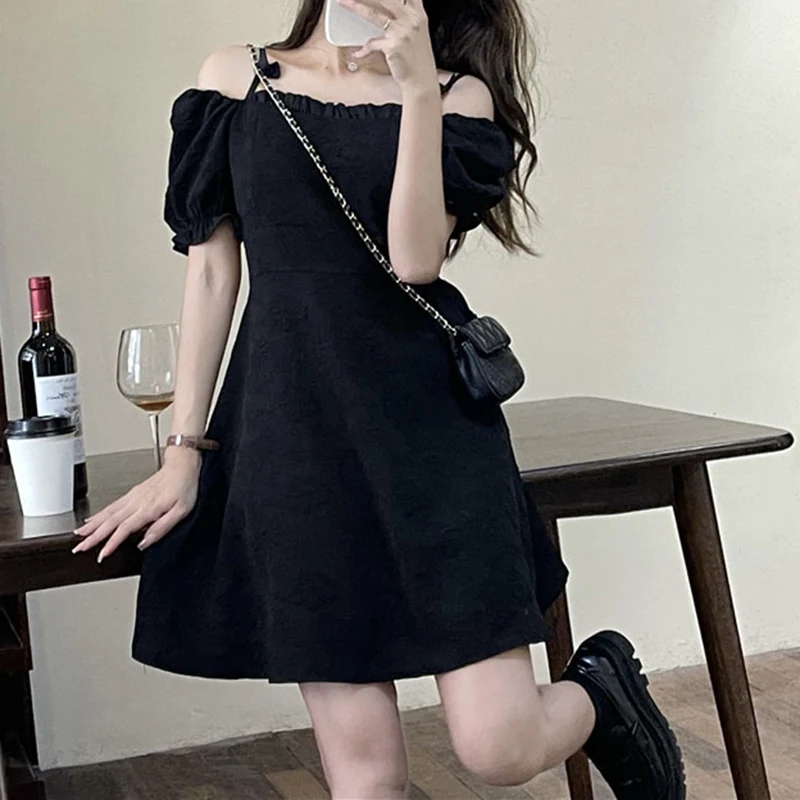 New Women Vogue Off Shoulder Dress Lady Kawaii Bowknot Holiday Casual Dress Female Gentle Cutecore Elastic Puff Sleeve Dress