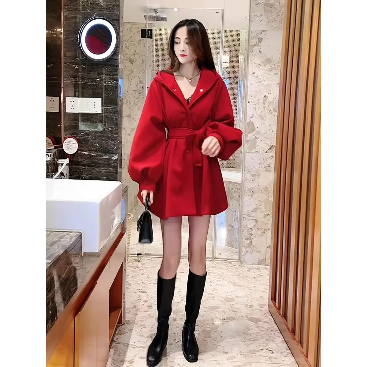 

Autumn Winter Fashionable Hepburn Style Lantern Sleeve Coat Women's Small Size Mid-Length Thickened Windbreaker Versatile Out...
