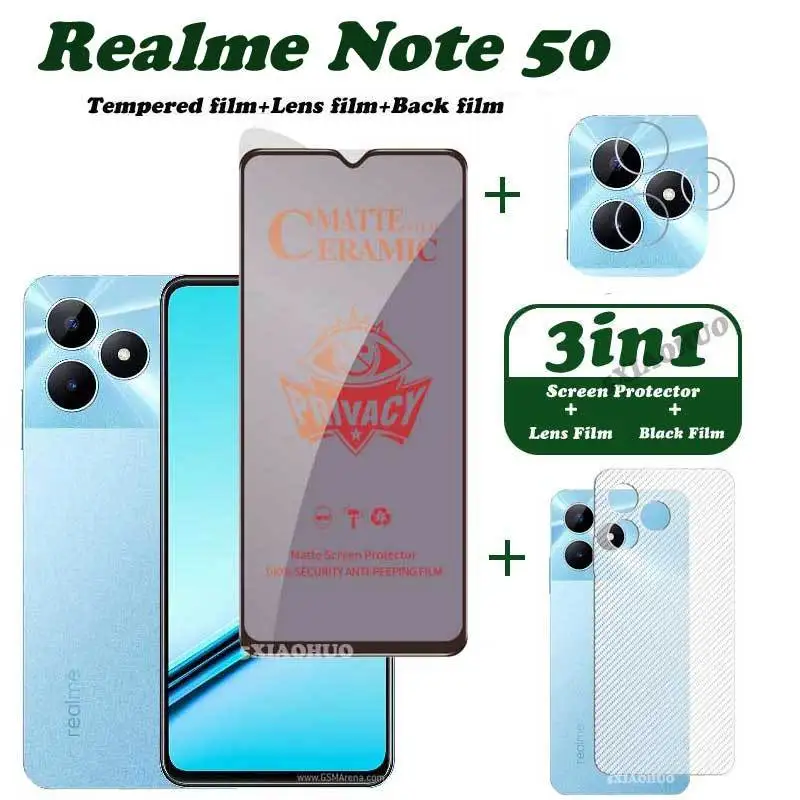 3 in1 for Realme Note 50 Anti-Spy Privacy Tempered Glass Soft Film for Realme Note 50 Screen Protective+lens Film+back Film