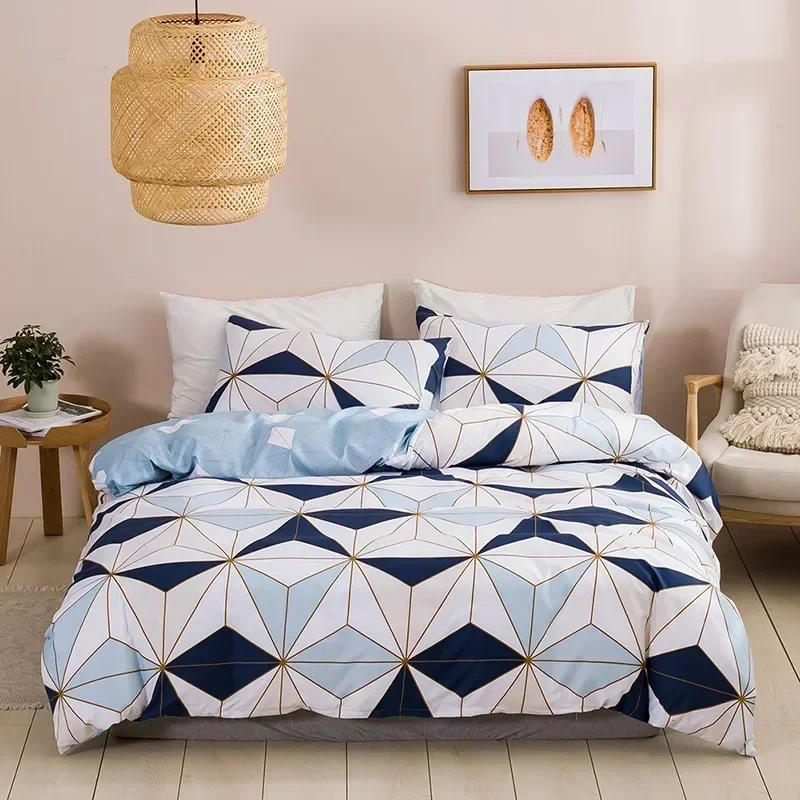 Brushed Print Blue Golden Diamond Duvet Cover Set Geometric Pattern Bedding Set for Hotels Schools Bedroom Soft Comforter Cover