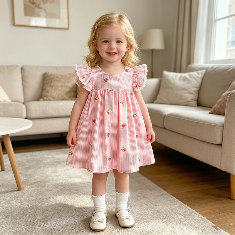 2026 Neues Sommer-Prinzessinnenkleid für 2-6 Jahre Gestreiftes Süßes Baby-Mädchen-Kleid in Rosa mit Rundhalsausschnitt und Flügelärmeln aus Baumwolle mit Stickerei