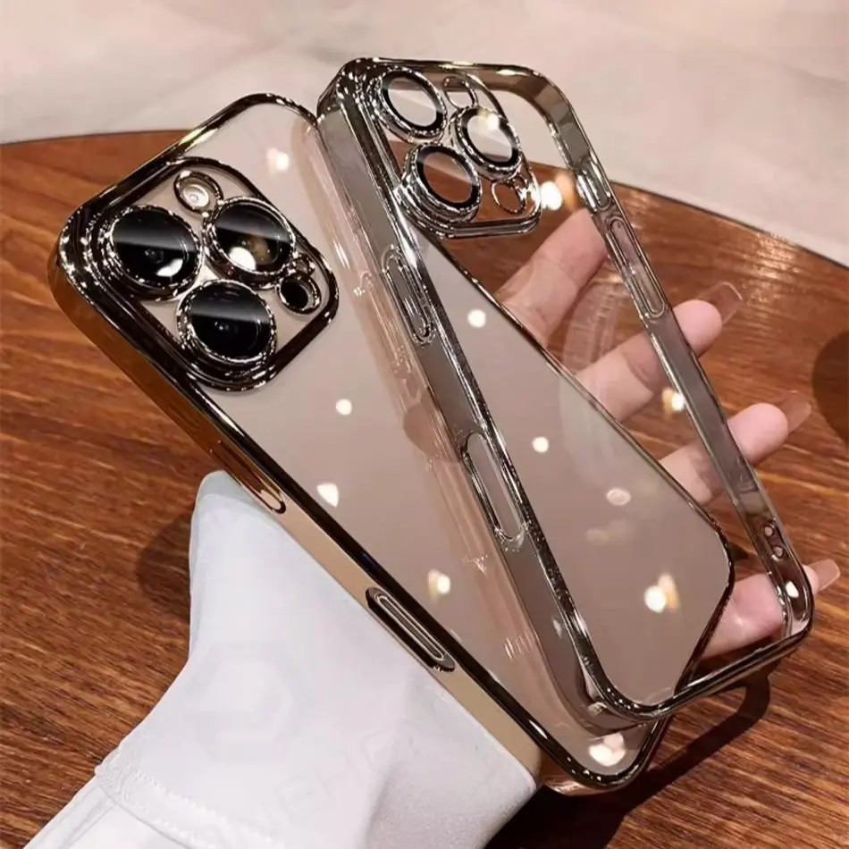 Luxury Plating Desert Gold Bumper Slim Clear Silicone Case For iPhone 16 15 14 13 12 17 Pro Max 16Plus Lens Film Protect Cover
