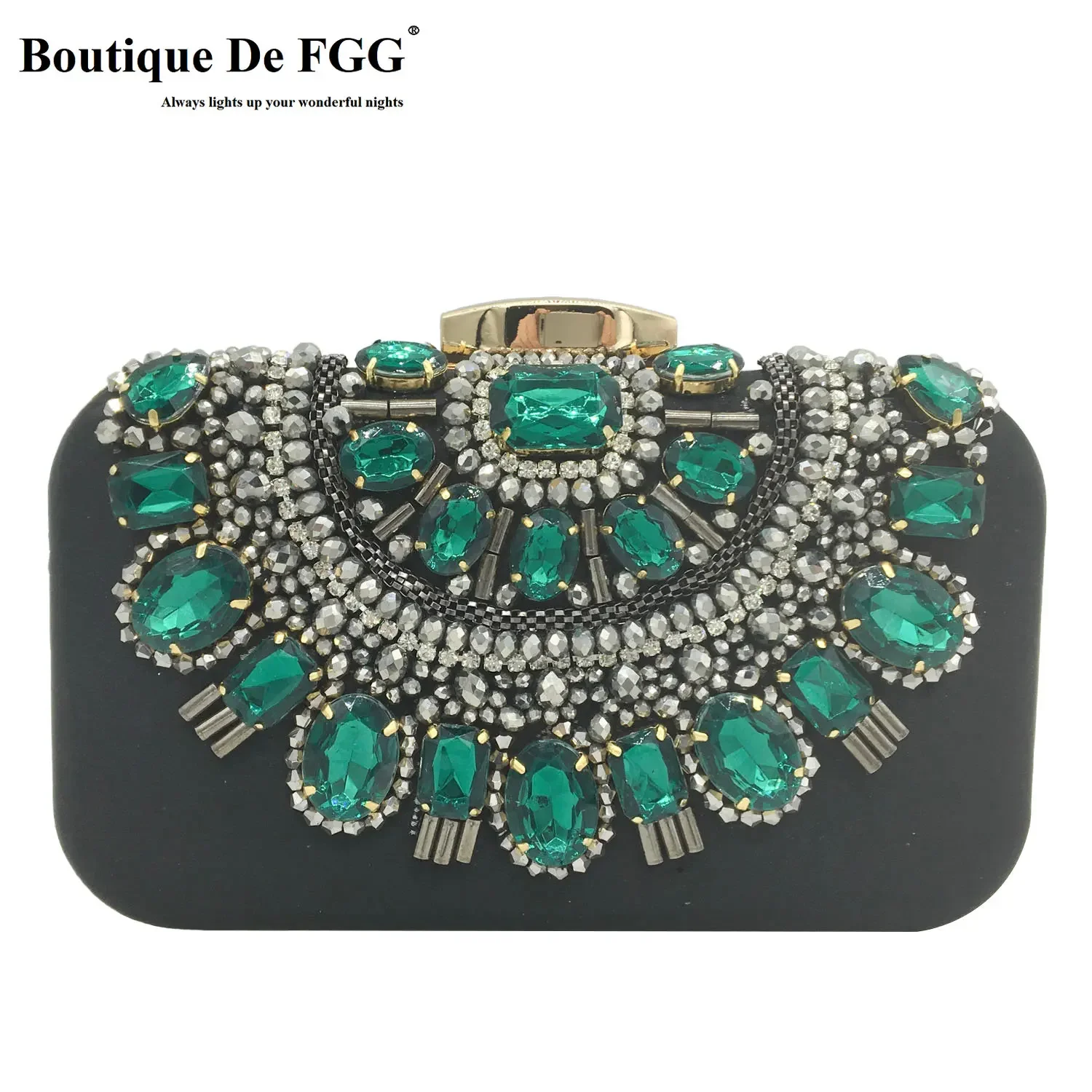 Boutique De FGG Emerald Green Women Beaded Evening Clutch Bags Gala Dinner Party Rhinestone Handbags Bridal Wedding Purse