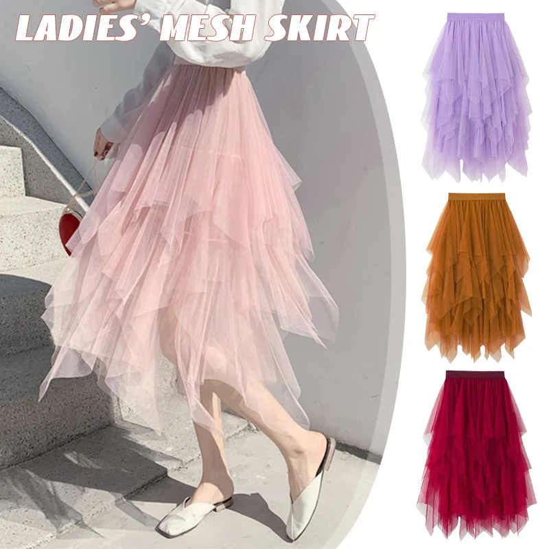 Women Vintage Solid Color Multi-layer Irregular Mesh Skirt Grunge Aesthetic Tulle Bottom Elastic High Waist Tulle Bubble Skirts