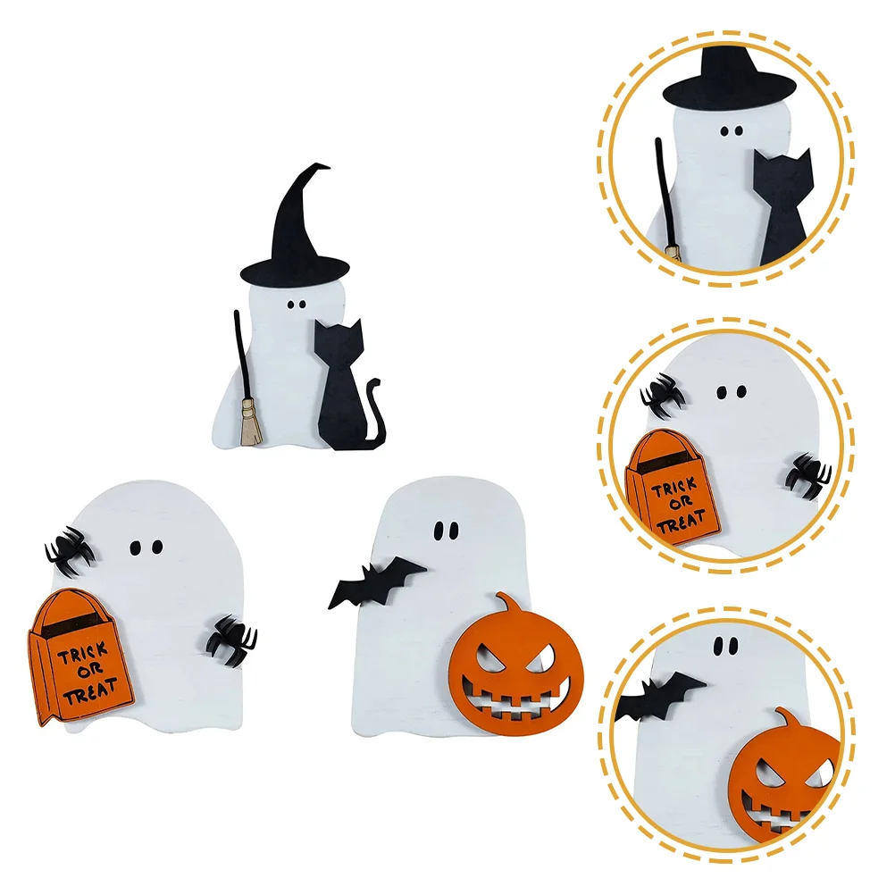 

3 Pcs Ghost Ornaments Halloween Table Decor Wood Centerpiece Sign Room Kitchen Decorations