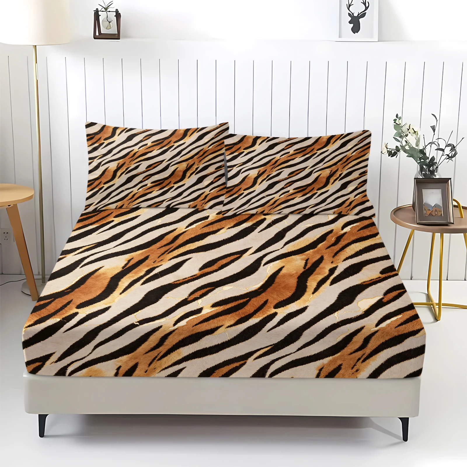 Tiger Striped Fitted Sheet Set Realistic Animal Fur Print Elastic Deep Pocket Mattress Cover with Pillowcases Bedding Linens