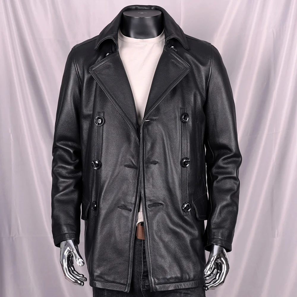 Coats Leather For Trench Man Plus Size 5XL Cowhide Jackets Mens Genuine Leather Windbreaker Overcoats For Winter Coats Luxury