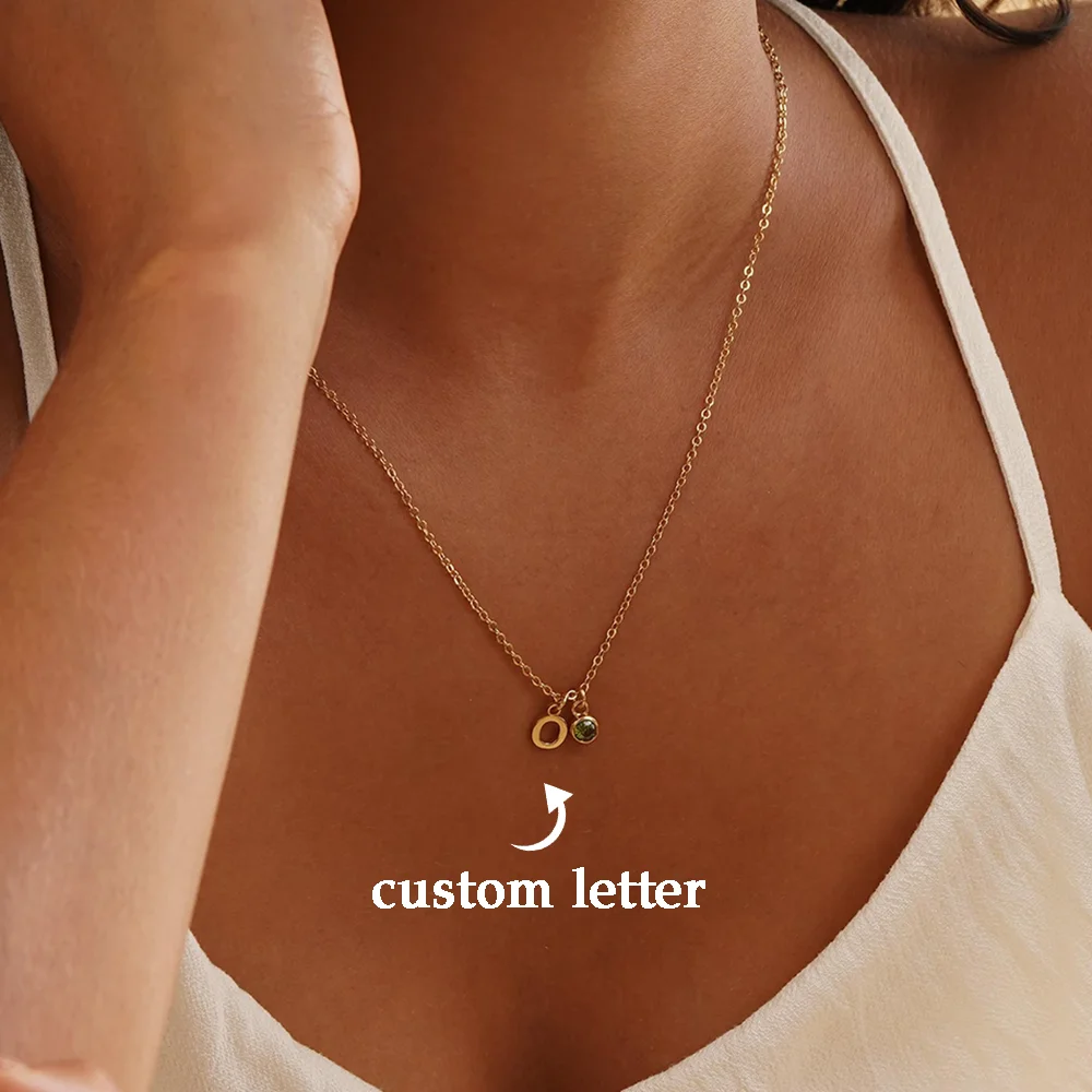 

Personality Initial Necklace Round Birthstone For Women Custom Letter Gold Color Stainless Steel Jewelry Birthday Gift Christmas