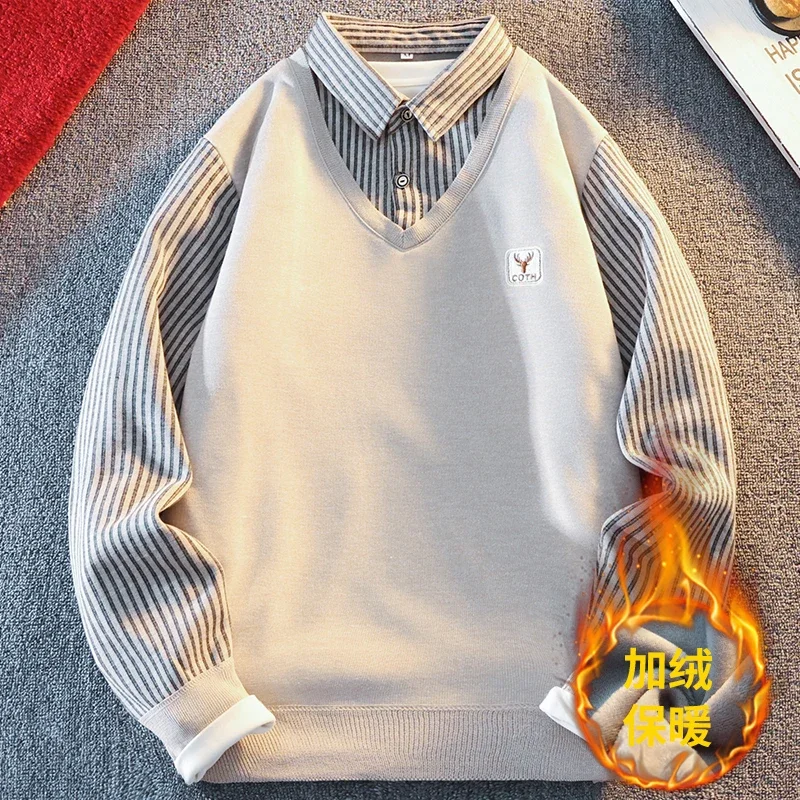 Fleece Interior Fake Two Piece Long Sleeve Knit Top Striped Lapel Collar V Neck Stitching Autumn Outdoor Commuting Wear