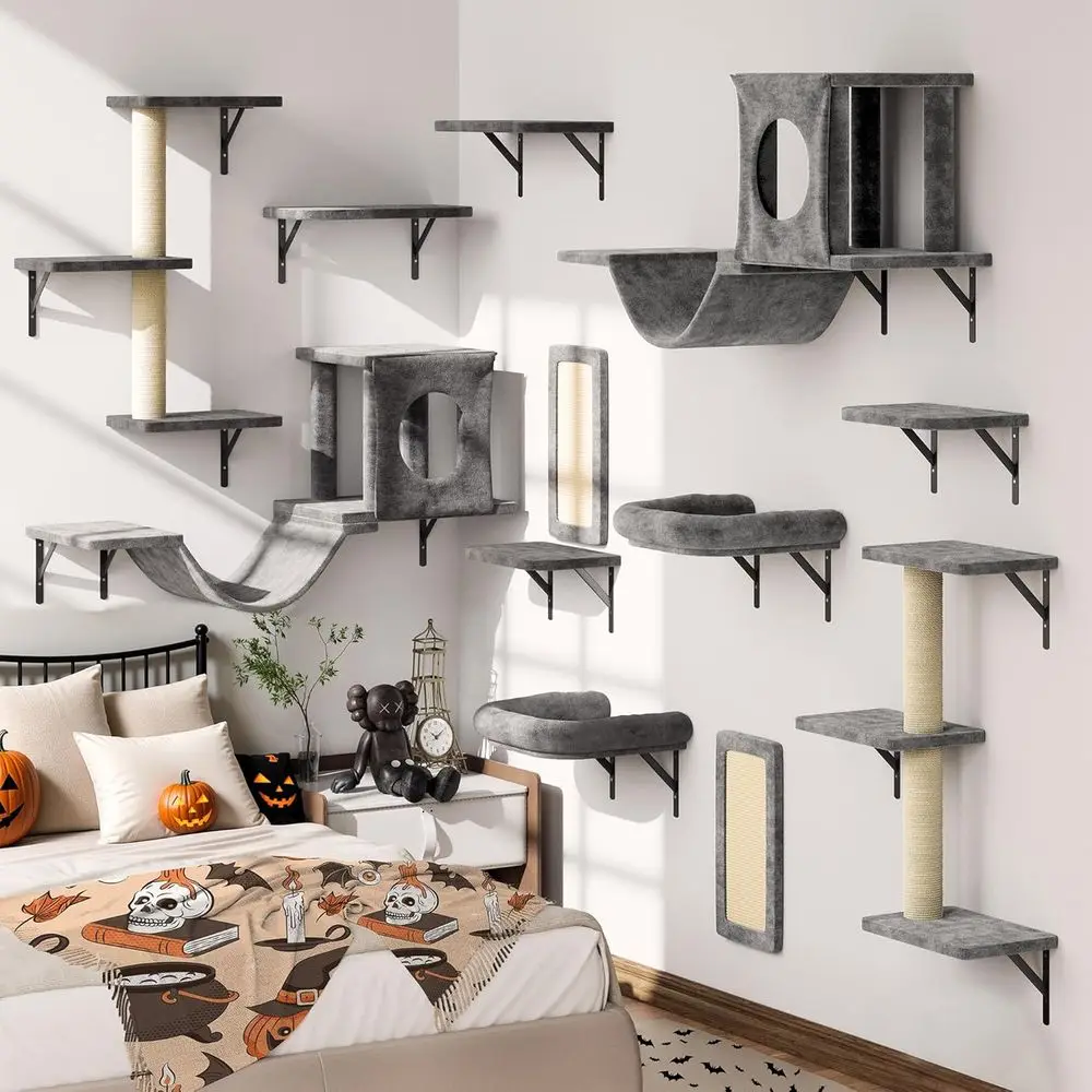 

Gray 12-in-1 Wall-Mounted Cat Climber with Houses, Scratching Post, and Ladder - Space-Saving Indoor Play Furniture for Kittens