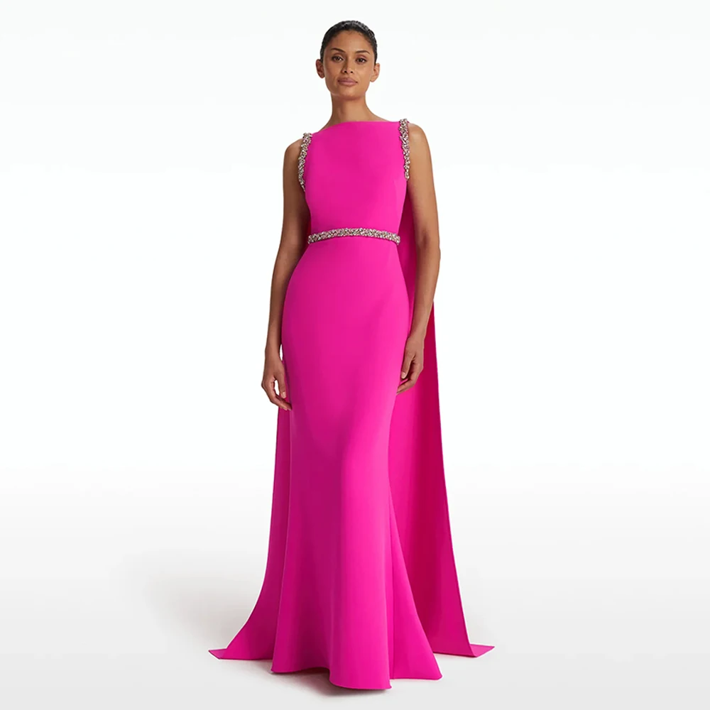 Fuchsia Mermaid Evening Dress Boat Neck Sleeveless Beading Sweep Train Saudi Arab Formal Party Gown with Cape Custom Color