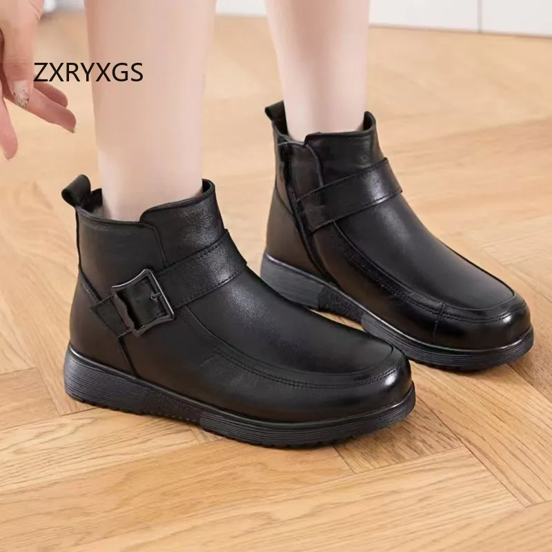 ZXRYXGS 2025 Nieuwe Mode Top Koeienhuid Winter Warme Snowboots Comfortabele Elegante Platte Laarzen Zwarte Schoenen Vrouwen Katoenen Laarzen
