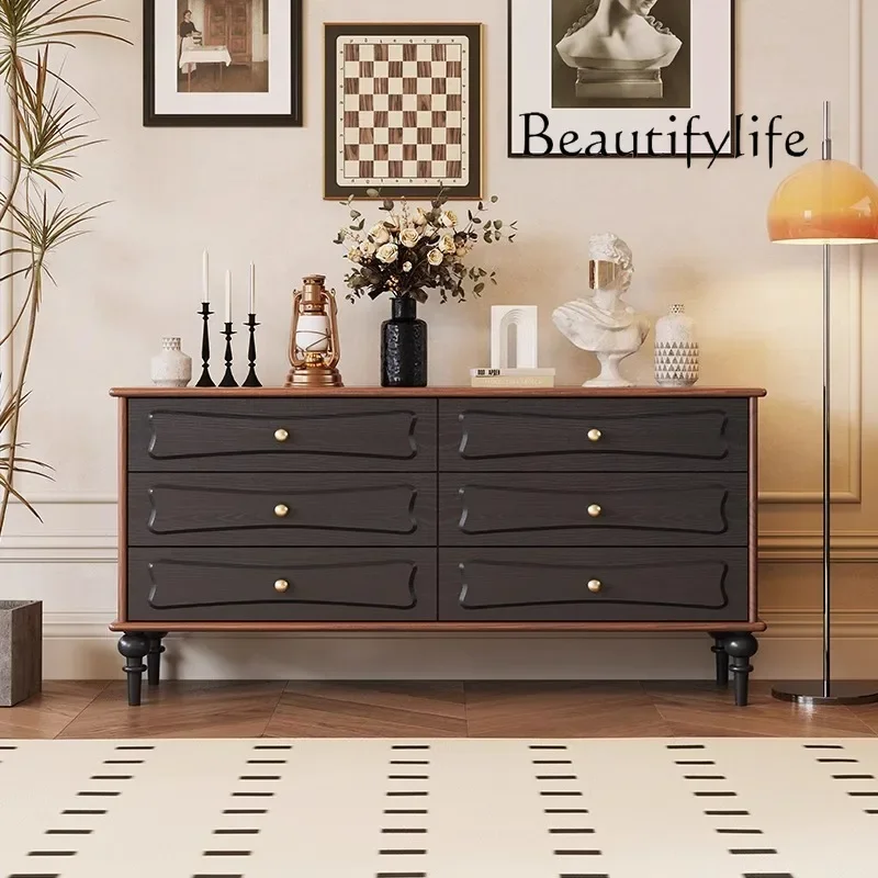 X36 Retro Dining Side Entrance Cabinet, Solid Wood Two-color Drawer Storage Cabinet, Bedroom Light Luxury Multi-layer Chest Cabi