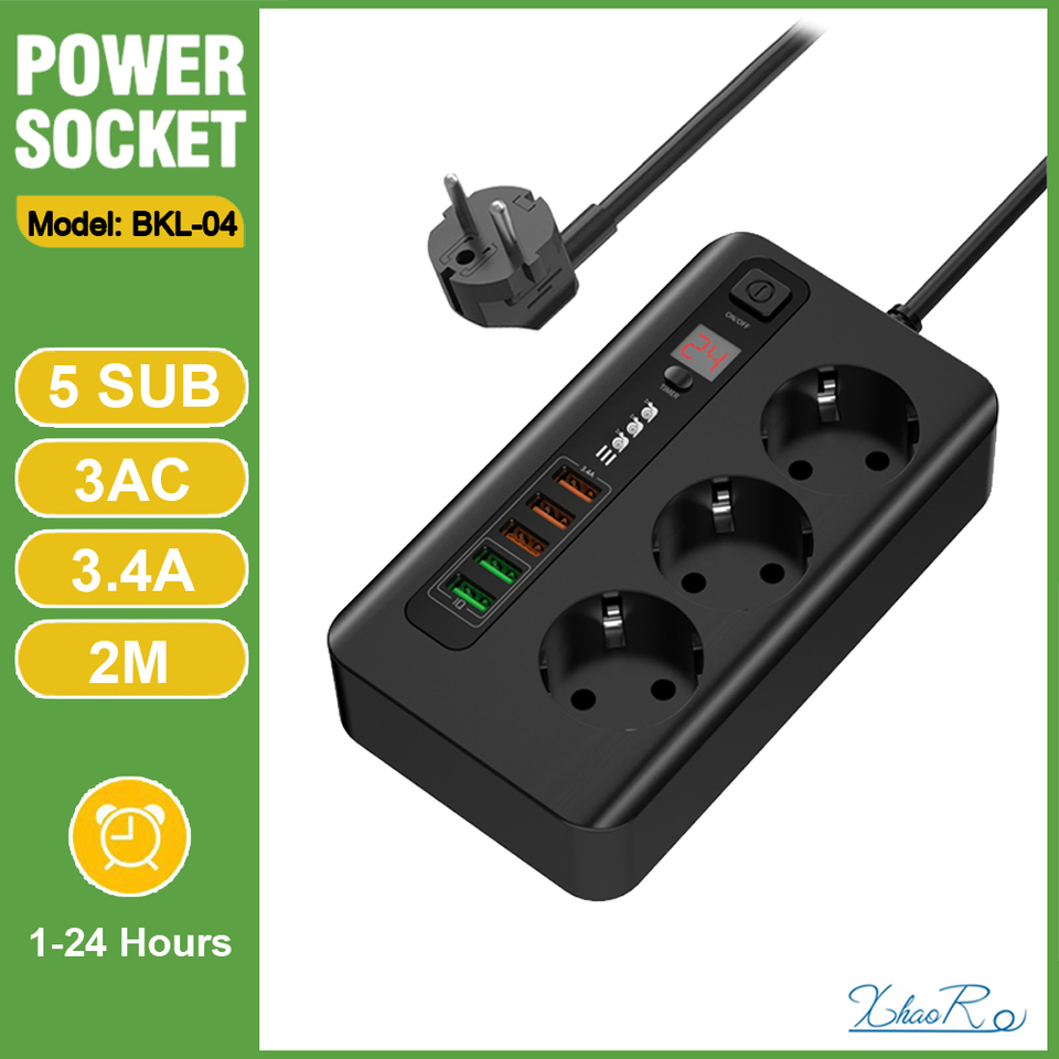 EU Plug AC Outlet Power Strip With QC3.0 USB Type C PD Extension Cable Multiprise Timed Electrical Socket Network Filter Adapte 