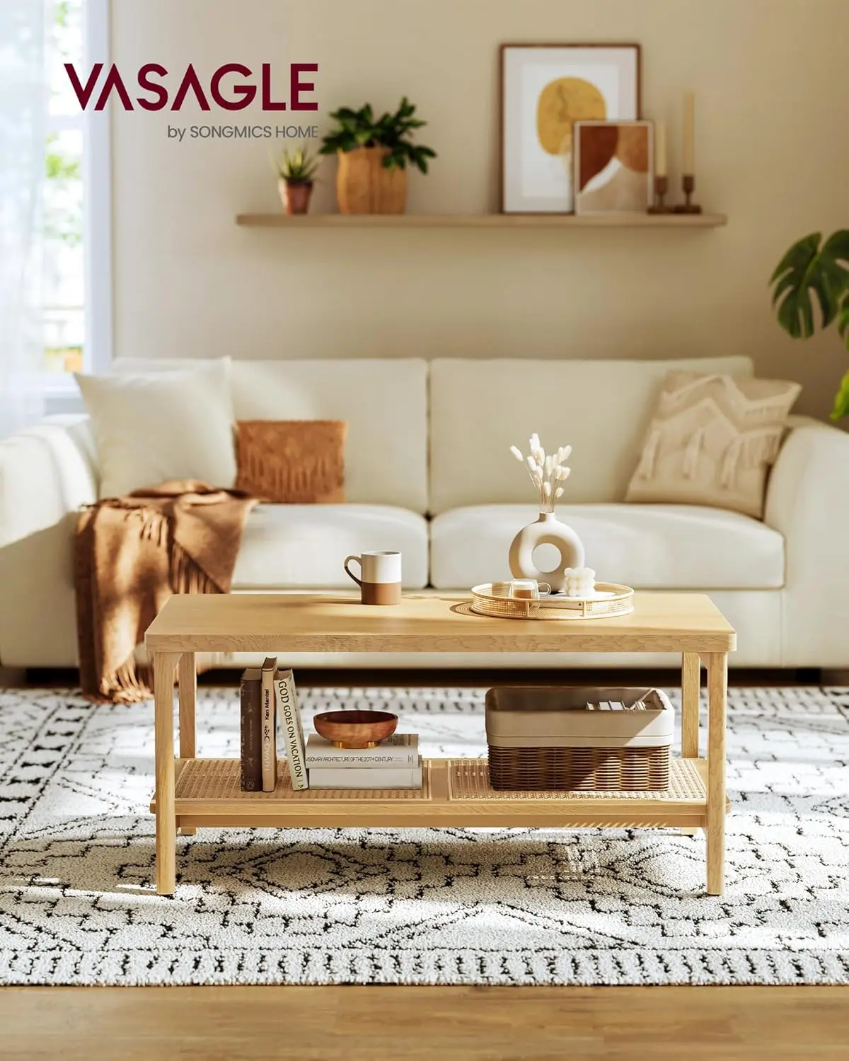 2-Tier Coffee Table with Rattan Shelf, Easy Assembly, Boho Style, Oak Beige, 21.7x39.4x17.7 Inches