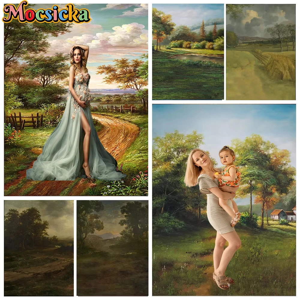 

Mocsicka Retro Country Trail Backgrounds Spring Green Field Decor Professional Photography Props Adult Portrait Backdrops Banner