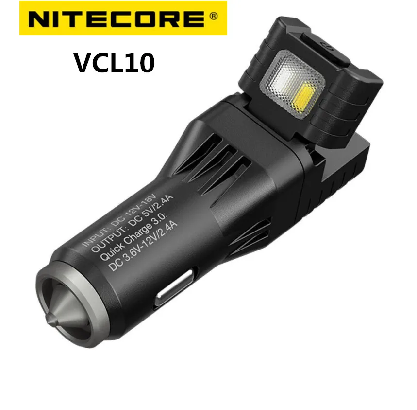 Original NITECORE VCL10 All-in-one USB Car Charger QC 3.0 Fast Charge Adapter LED Emergency Breaker Light Glass