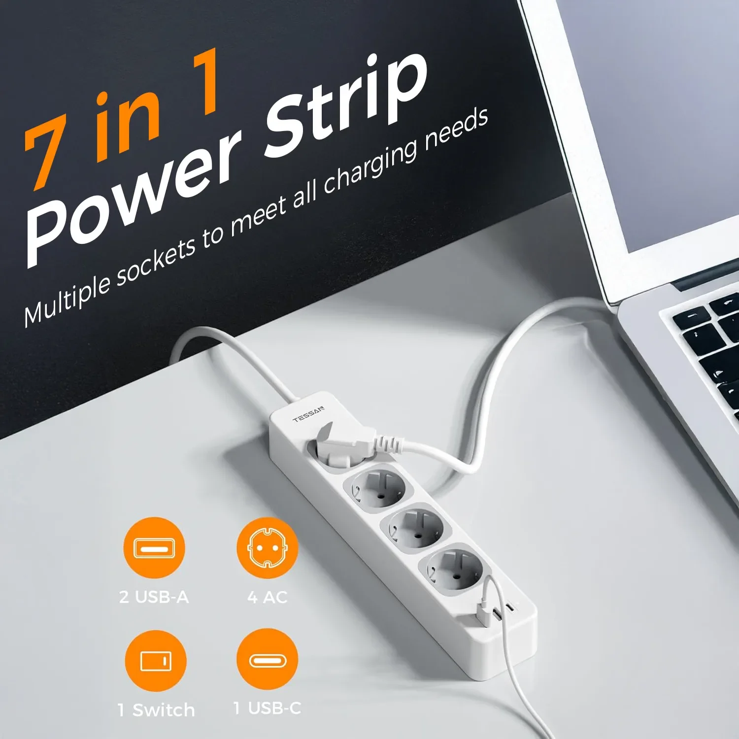 TESSAN 7 in 1 Power Strip 2M Extension Cable with 4 AC Outlets and 3 USB Ports 3600W Multiple Socket Outlet with Switch for Home