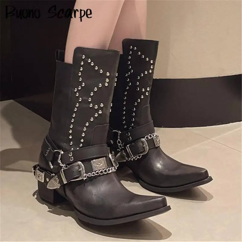 Pointed Toe Rivet Western Cowboy Boots Women Punk Style Large Size Belt Buckle Motocycle Boots Spice Girl Metal Ankle Botas New