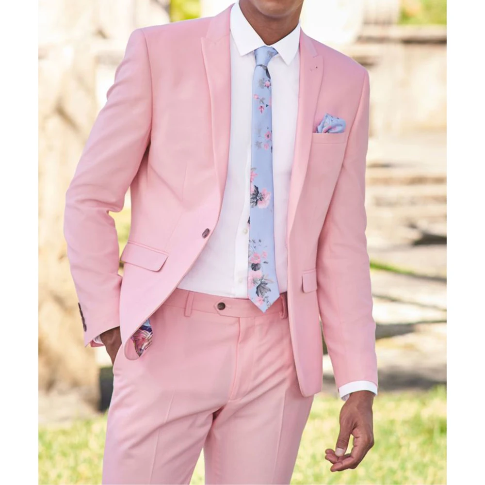 

Summer New Pink Men Suit Fashion Peak Lapel One Button Male Blazer Beach Casual Wedding Groom Tuxedo 2 Piece Jacket Pants 2023