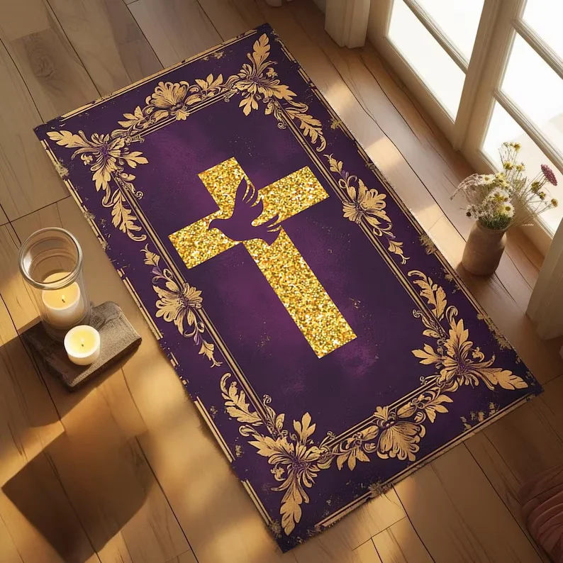 Classic Burgundy Red Cross Rug Luxury Gold Floral Border Living Room Carpet Traditional Christian Floor Mat Decor