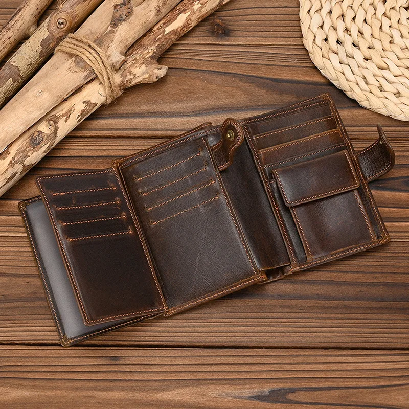 Genuine Leather Short Wallet Unisex Top Grain Cowhide Multi-Card Slots Money Clip With Coin Pocket Compact Design