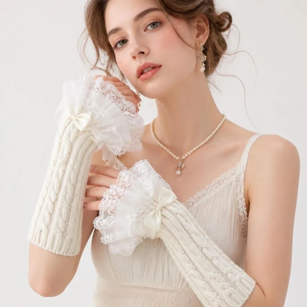 1 pair Lace Ruffle Hand Sleeves Mittens Detachable Knitted Arm Warmers Gloves Stretchy Fingerless Style Knitted Cuff Winter Wear view 4