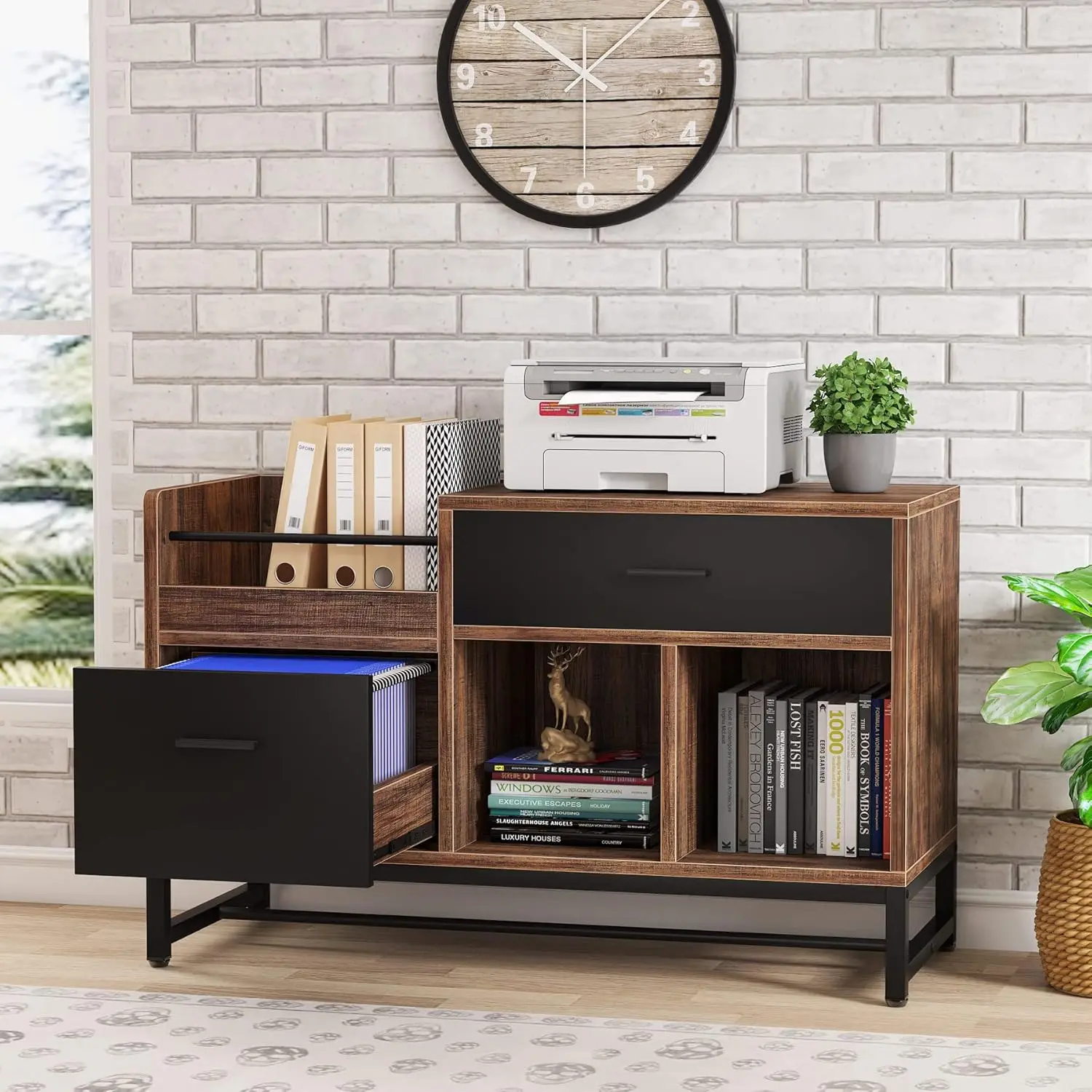 

Коричневый офисный шкаф в деревенском стиле, 99 см, с 2 выдвижными ящиками, для документов, подставка для принтера с открытыми полками и отделением для писем