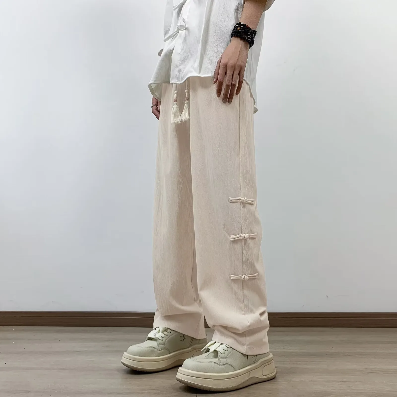 New National Style Ice Silk Wrinkled Casual Pants For Men In Summer Thin Loose Straight Leg Hanging Antique Style Cute House