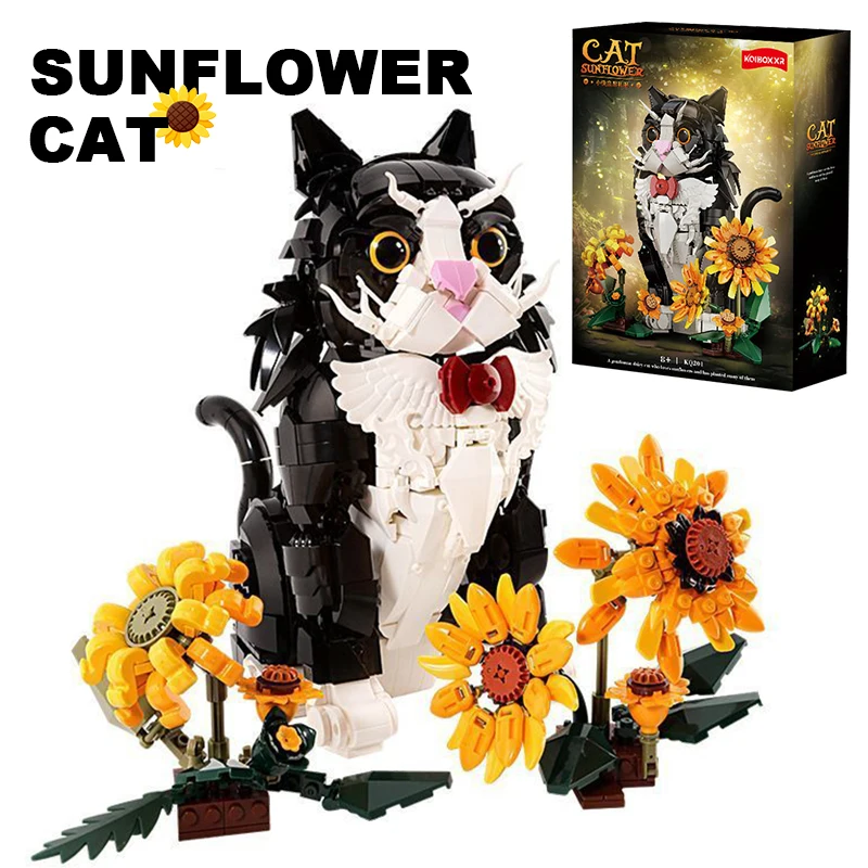 

Creative Sunflower Cat Building Blocks Animal Model Tuxedo Cat Flower Assemble Bricks Educational Toys Gifts For Kids Girl Adult