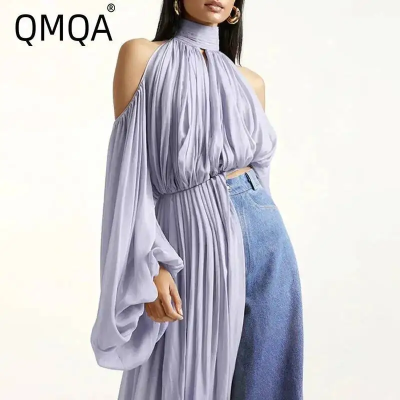 

QMQA Fashion Women's Solid Spliced Ribbon Blouse Stand Collar Lantern Sleeve Off Shoulder Casual Shirt Female Fashion Clothing