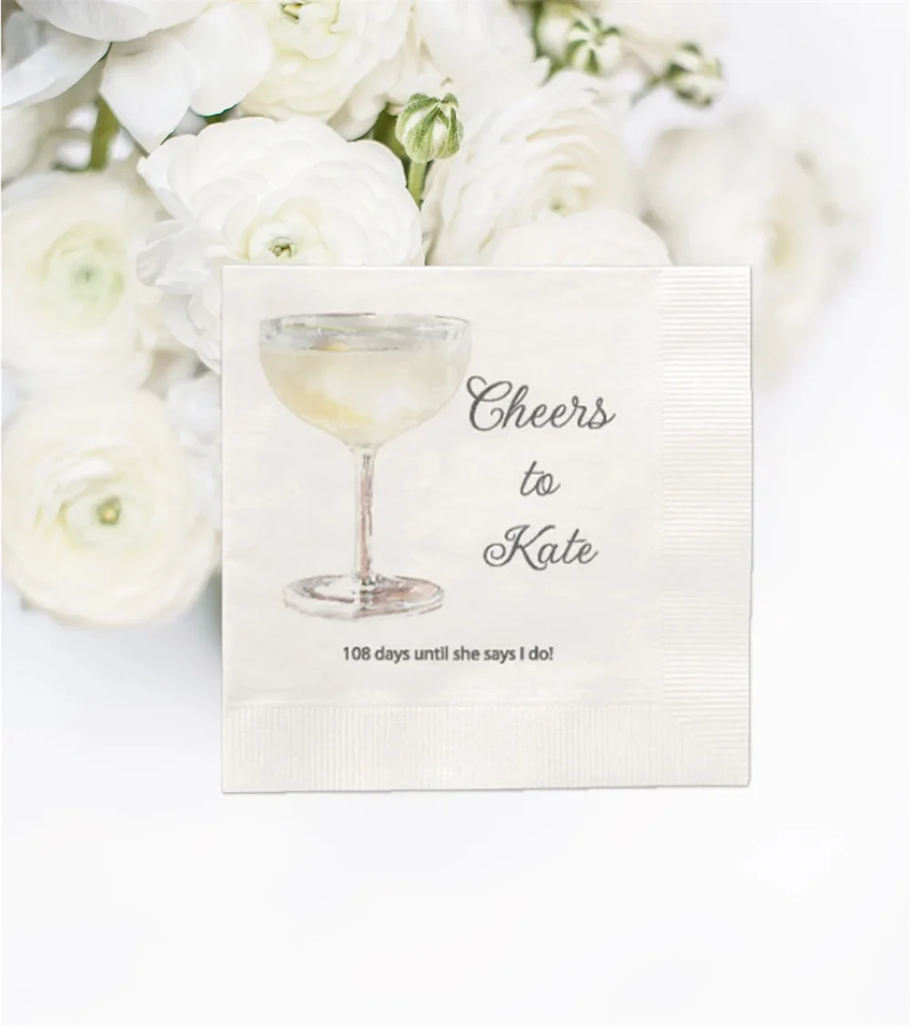 

50PCS Coupe Champagne Glass Bridal Shower Personalized Napkins, Champagne Luncheon Custom Napkins, 100 Cocktail Napkins, Soon to