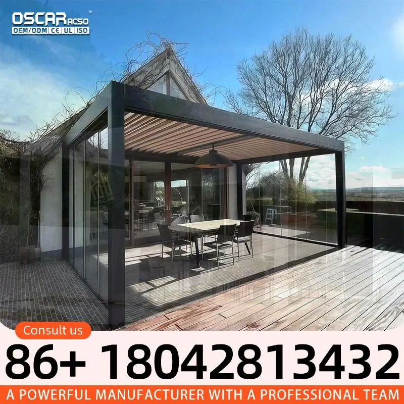Outdoor Aluminum Pergola 4x6m 6x7 10 Square Meters Patio With Blinds Sliding Glass Door for Garden Backyard Poolside pergola