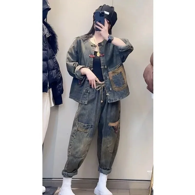 

Женский джинсовый наряд с длинными рукавами в стиле ретро, весенние женские джинсы с воротником-стойкой, костюм из двух предметов, 2025 г., женские ковбойские широкие брюки, 2 шт.