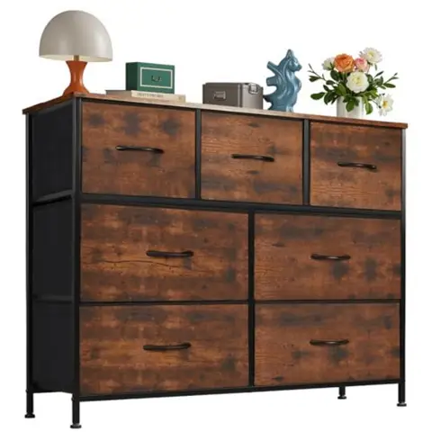 7 Drawer Dresser for Bedroom Wide Fabric Storage Tower with Wooden Top and Metal Frame Closet Chest Organizer Furniture TV Stan
