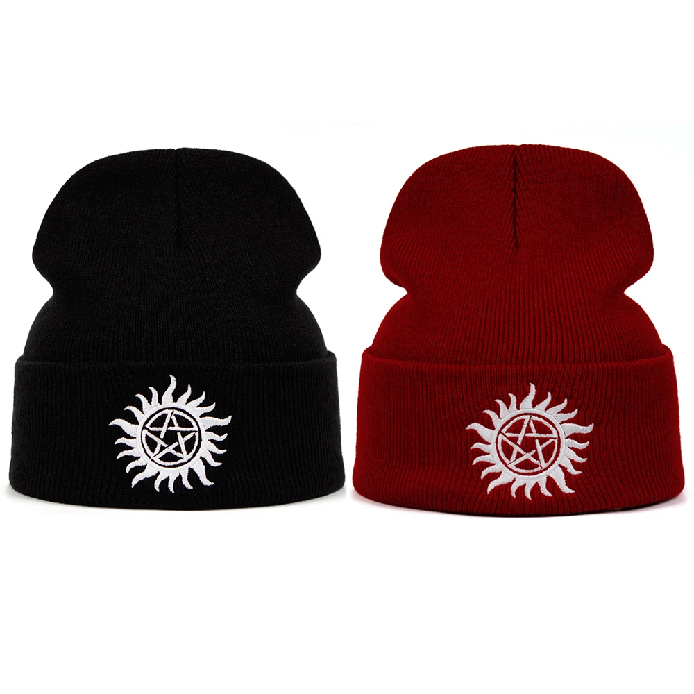 Five-pointed star sun Embroidery knitted hat Winter women men outdoor warm beanie