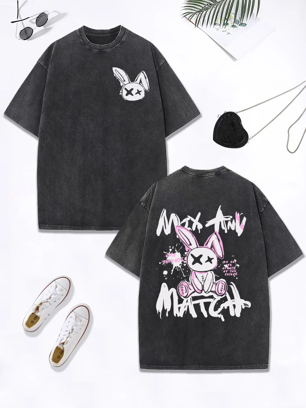 

Cartoon Rabbit Match Graffiti Text Prints Washed T-Shirt Women Cotton Oversize Tops O-Neck Distressed T Shirt Summer Clothes