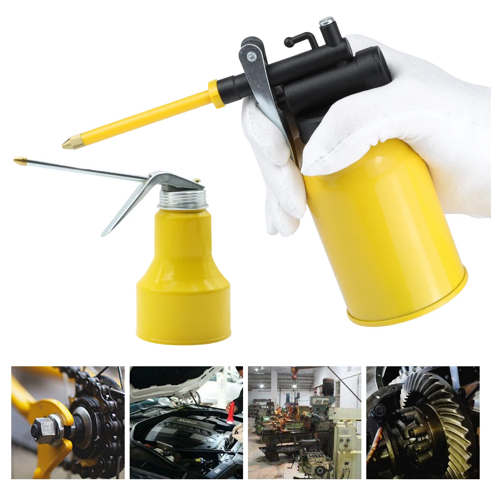 Hand Pump Oiler Metal Oil Can Yellow Lubrication Oil Gun High Voltage Oil Pot Bottle Car Repair Tool 250ml 300ml 400ml 500ml