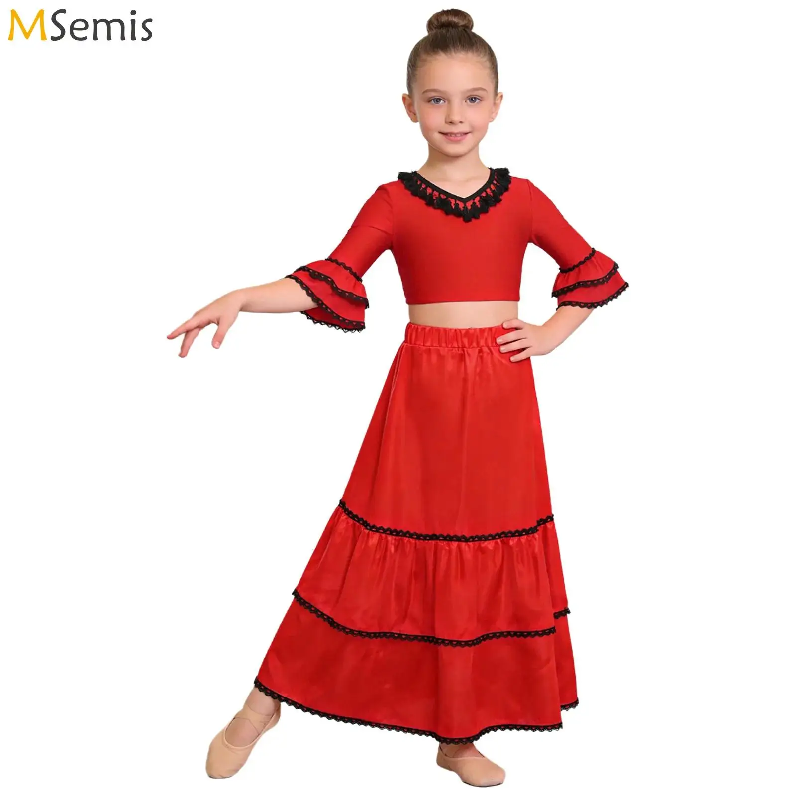 Traje de Danza Flamenca Española para Niñas, Disfraz de Coro Gitano, Top Corto con Cuello en V y Volantes con Borlas, Falda de Satén con Capas