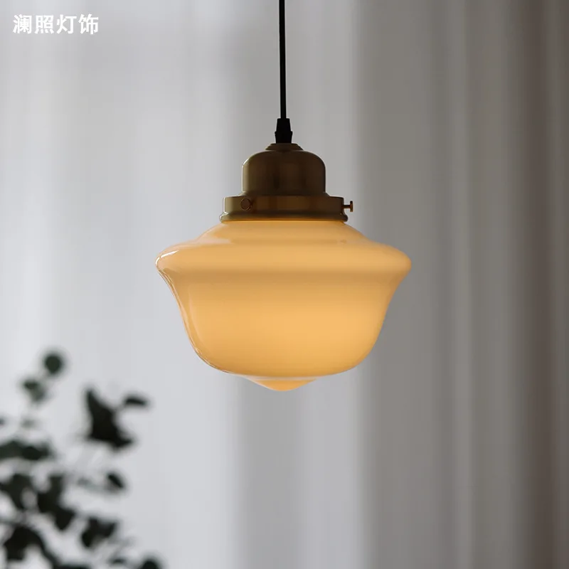 

American Retro Milky Glass Pendant Light, Cream Chandelier with Brass for Bedroom/Bar/Cafe, Vintage B&B Lighting Decor